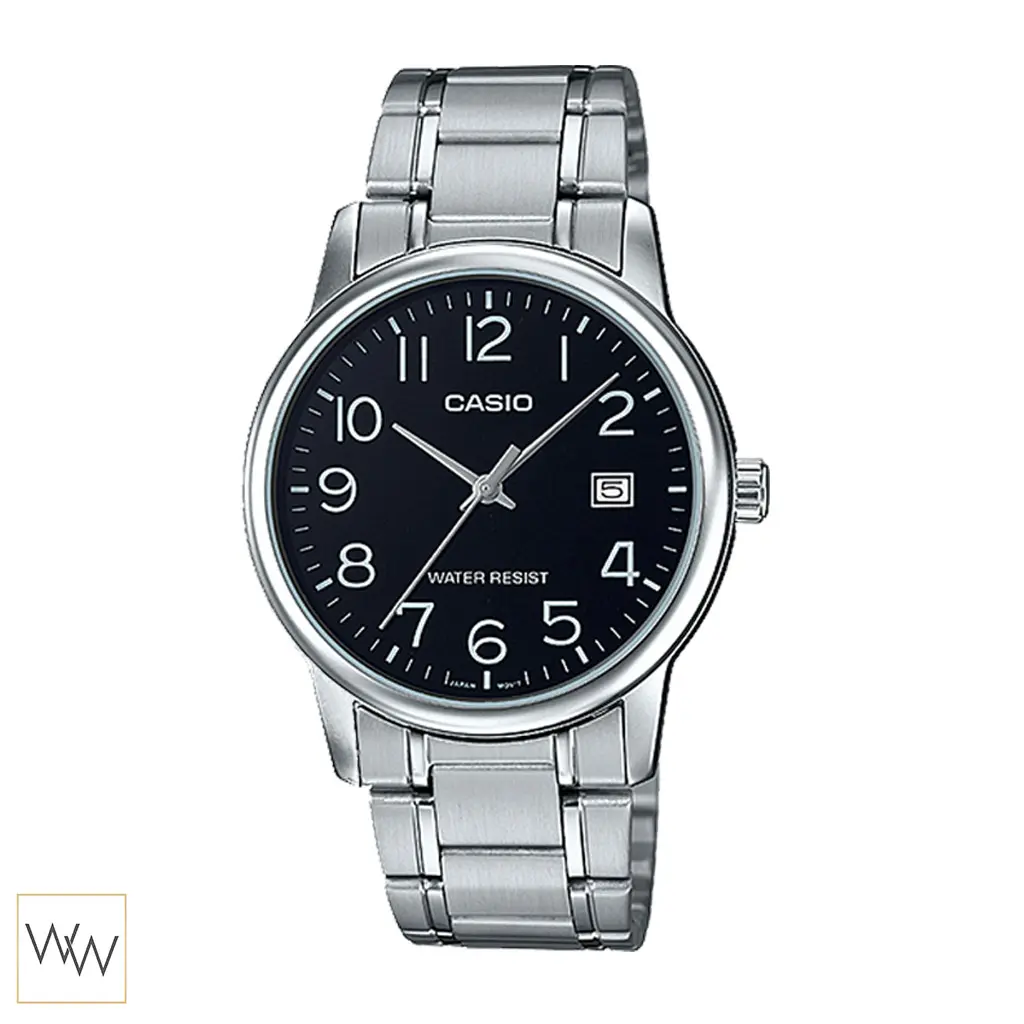 นาฬิกา Casio ผู้ชาย MTP-V002D-1BUDF สายสแตนเลสสีเงินหน้าปัดสีดำ