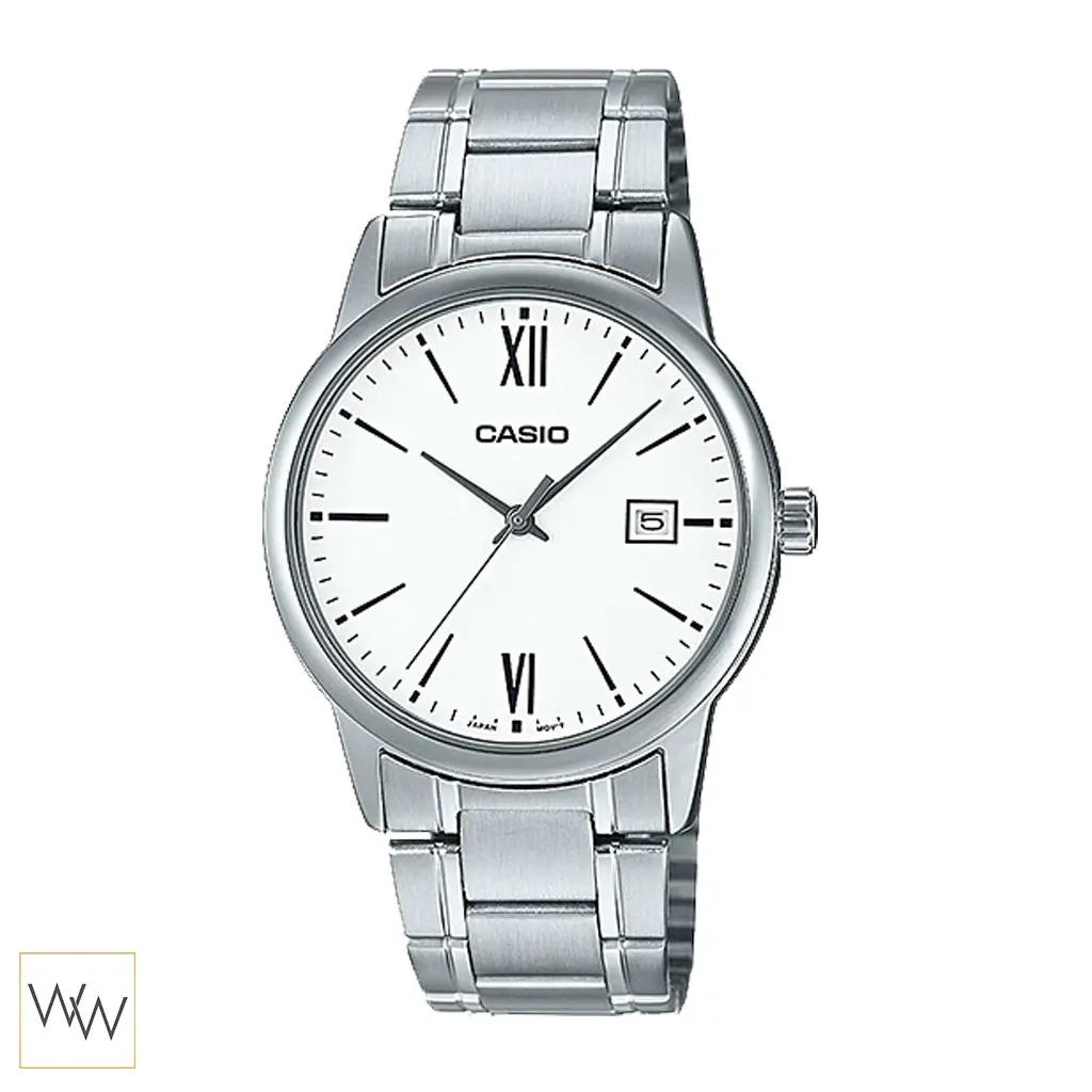 นาฬิกา Casio ผู้ชาย MTP-V002D-7B3UDF สายสแตนเลสสีเงินหน้าปัดสีขาว
