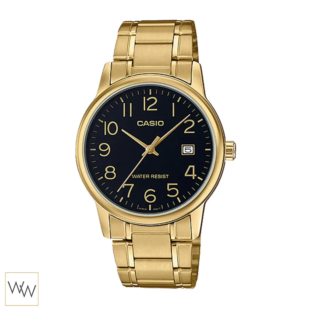 นาฬิกา Casio ผู้ชาย MTP-V002G-1BUDF ตัวเรือนสีทองหน้าปัดสีดำ