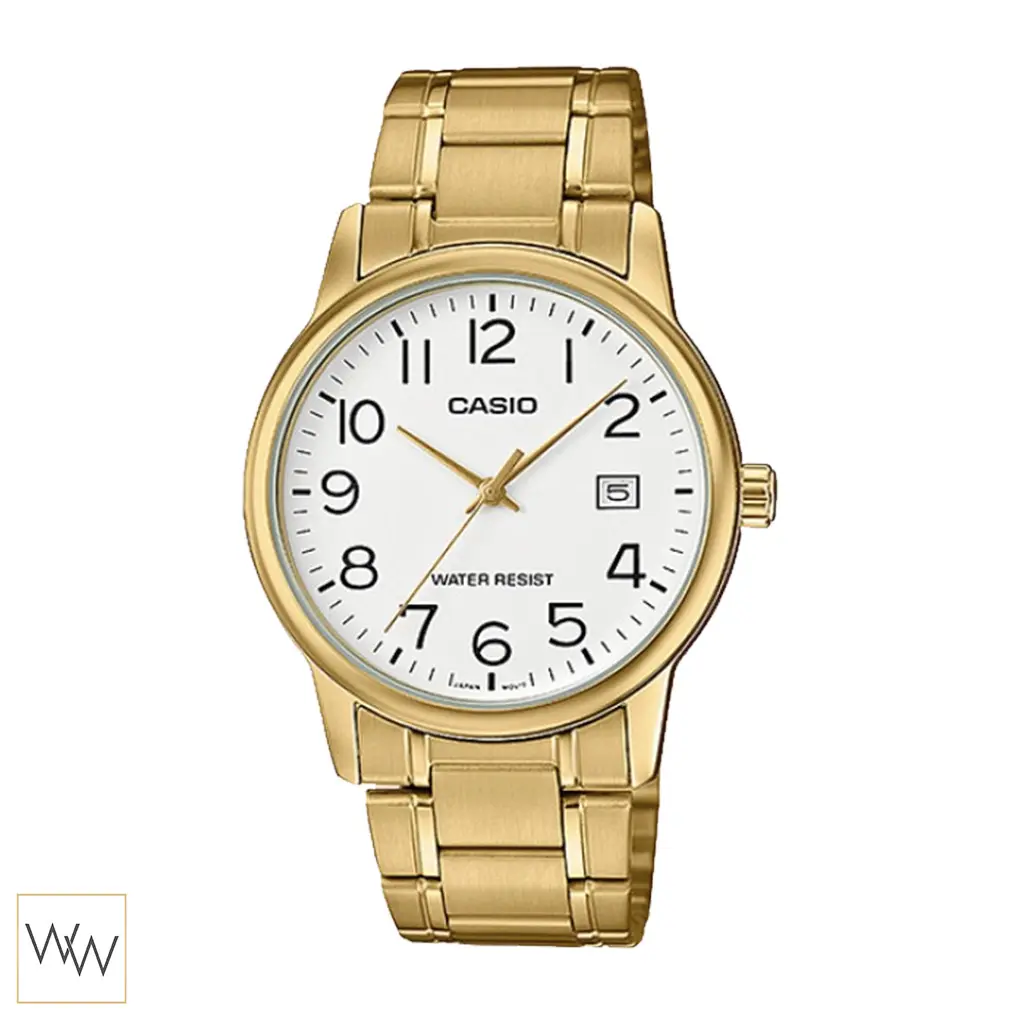 นาฬิกา Casio ผู้ชาย MTP-V002G-7B2UDF ตัวเรือนสีทองหน้าปัดสีขาว