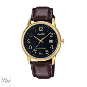 นาฬิกา Casio ผู้ชาย MTP-V002GL-1BUDF สายหนังสีน้ำตาลตัวเรือนทองหน้าปัดดำ