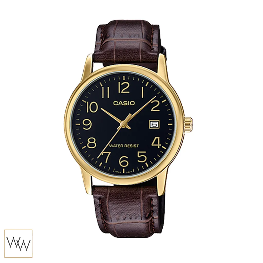 นาฬิกา Casio ผู้ชาย MTP-V002GL-1BUDF สายหนังสีน้ำตาลตัวเรือนทองหน้าปัดดำ