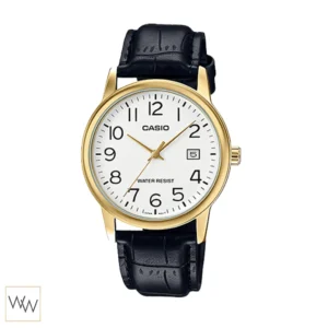 นาฬิกา Casio ผู้ชาย MTP-V002GL-7B2UDF สายหนังสีดำตัวเรือนทองหน้าปัดขาว