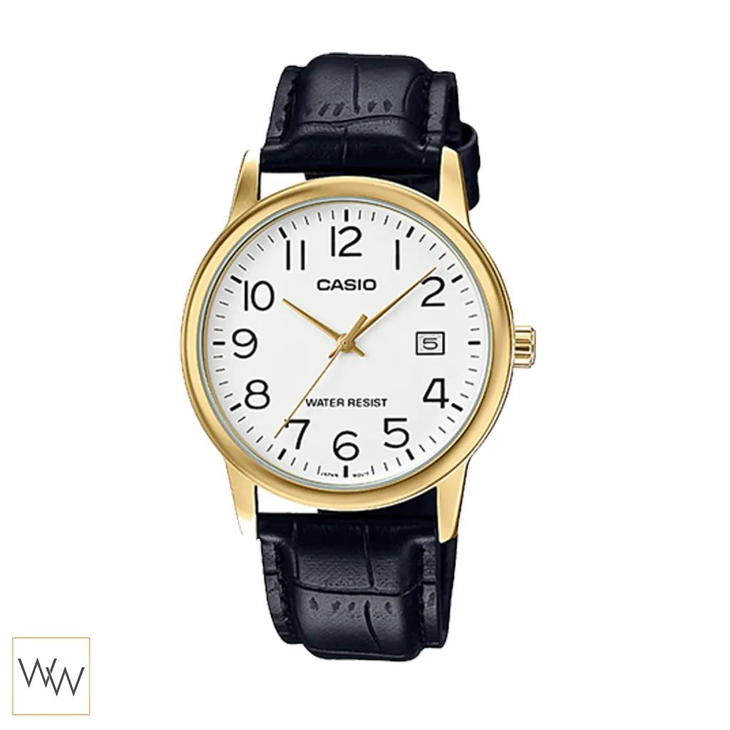 นาฬิกา Casio ผู้ชาย MTP-V002GL-7B2UDF สายหนังสีดำตัวเรือนทองหน้าปัดขาว