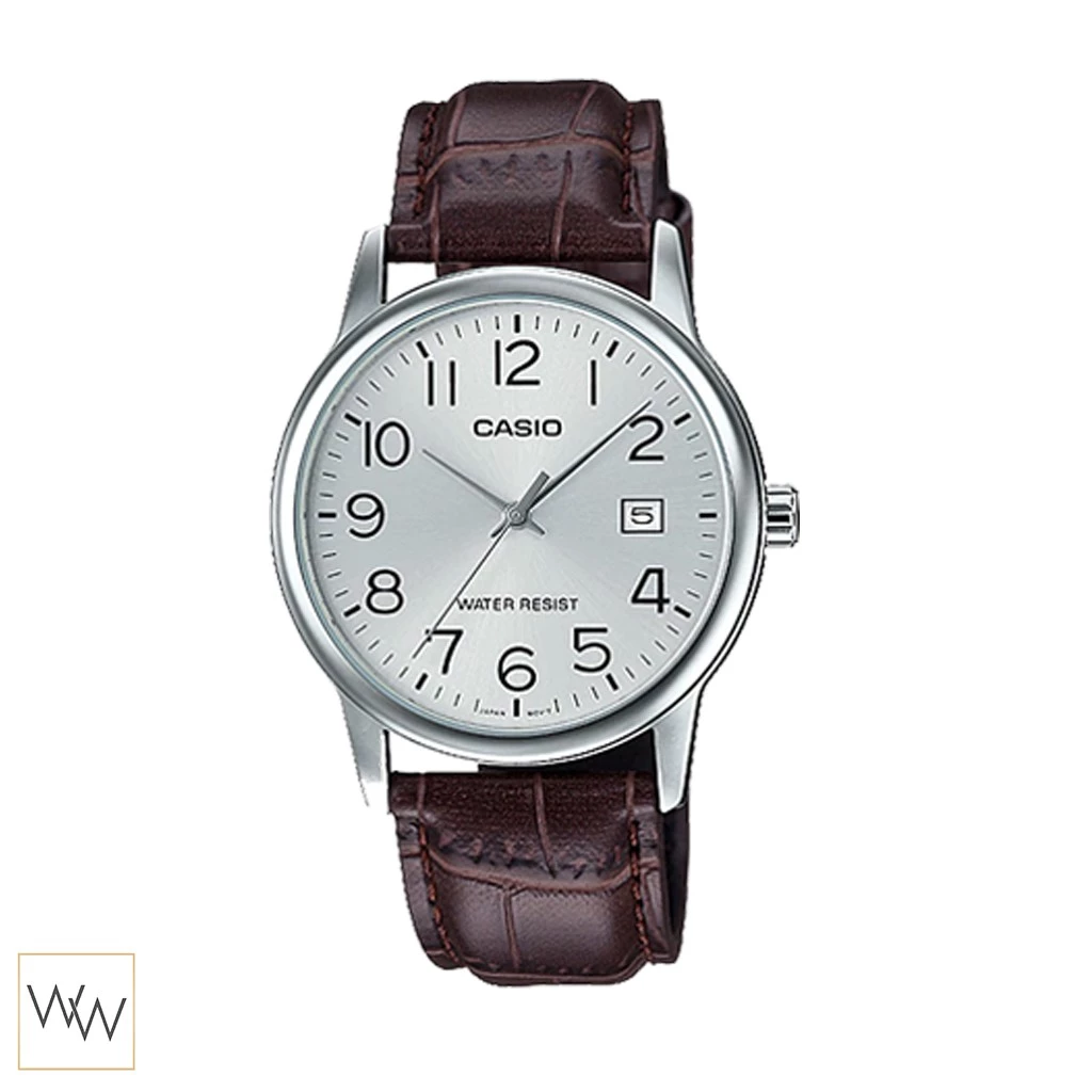 นาฬิกา Casio ผู้ชาย MTP-V002L-7B2UDF สายหนังสีน้ำตาลหน้าปัดสีเงิน