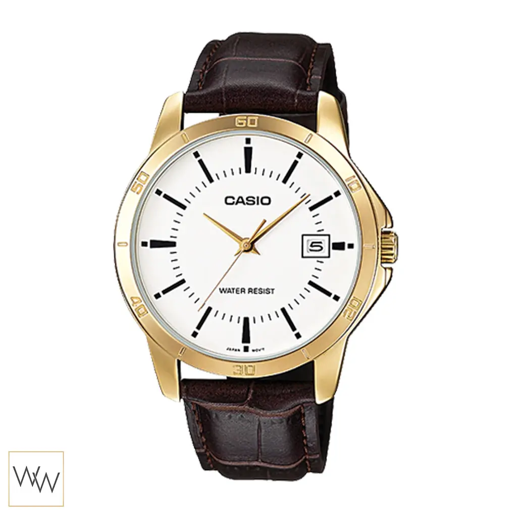 นาฬิกา Casio MTP-V004GL-7AUDF ตัวเรือนสีทองสายหนังสีน้ำตาล