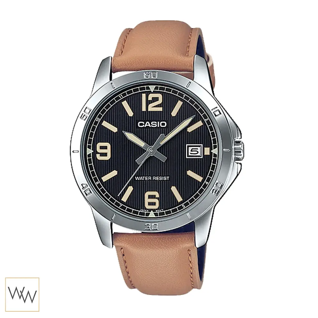 นาฬิกา Casio MTP-V004L-1B2UDF สายหนังสีน้ำตาลหน้าปัดสีดำ