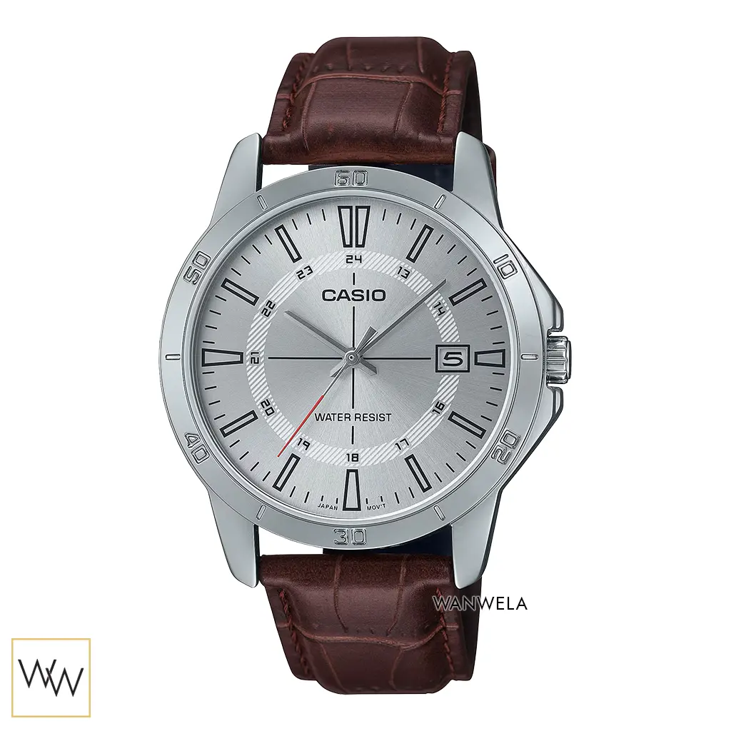 นาฬิกา Casio MTP-V004L-7CUDF สายหนังสีน้ำตาลหน้าปัดสีเงิน