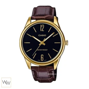 นาฬิกา Casio MTP-V005GL-1BUDF ตัวเรือนสีทองหน้าปัดสีดำสายหนังสีน้ำตาล