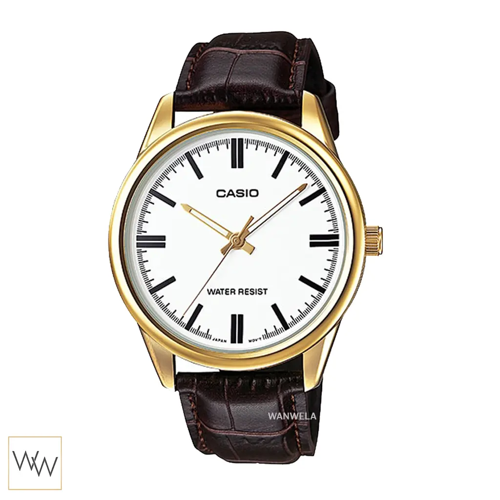 นาฬิกา Casio MTP-V005GL-7AUDF ตัวเรือนสีทองหน้าปัดสีขาวสายหนังสีน้ำตาล