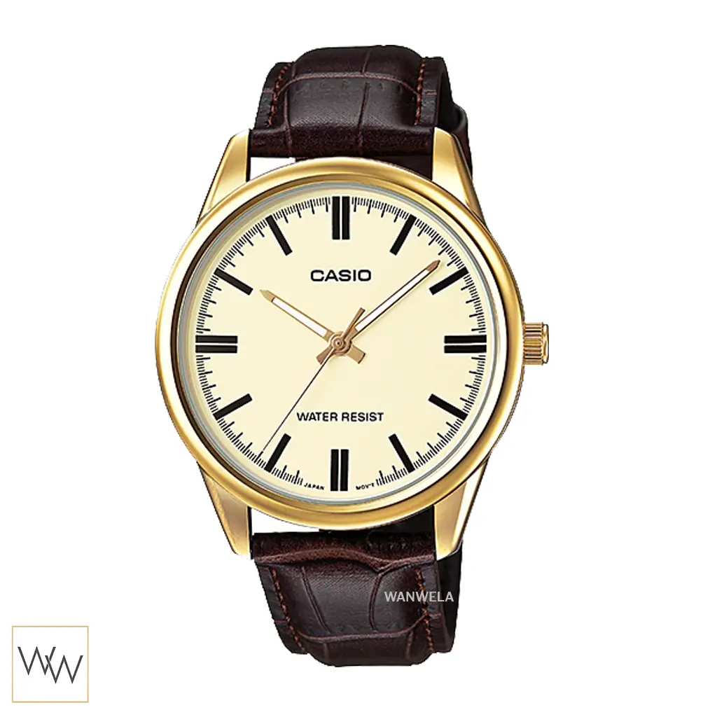 นาฬิกา Casio MTP-V005GL-9AUDF ตัวเรือนสีทองหน้าปัดสีทองสายหนังสีน้ำตาล