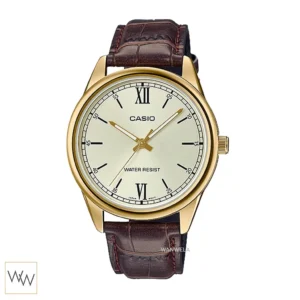 นาฬิกา Casio MTP-V005GL-9BUDF ตัวเรือนสีทองหน้าปัดสีทองสไตล์หรูสายหนังสีน้ำตาล