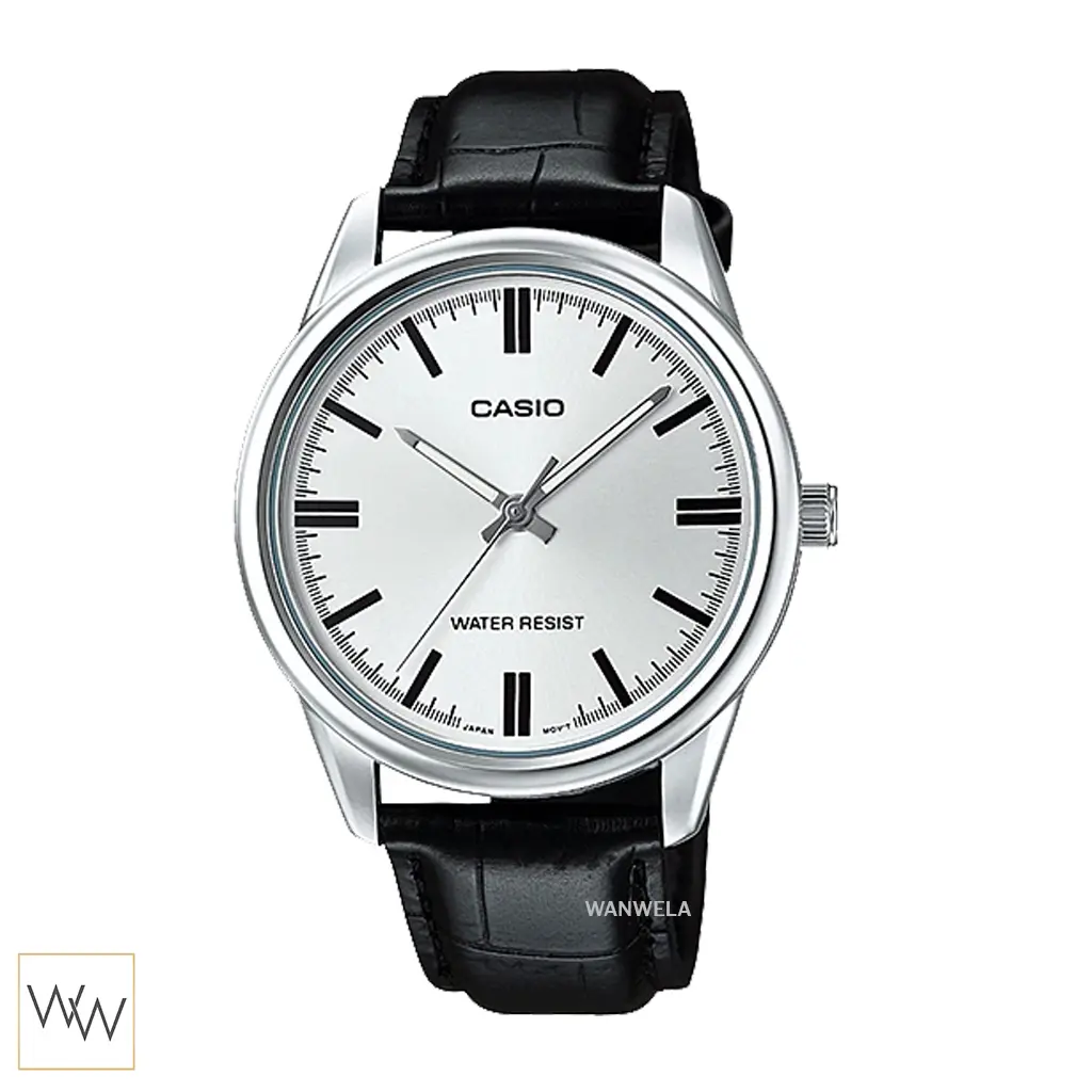 นาฬิกา Casio MTP-V005L-7AUDF หน้าปัดสีเงินสายหนังสีดำ