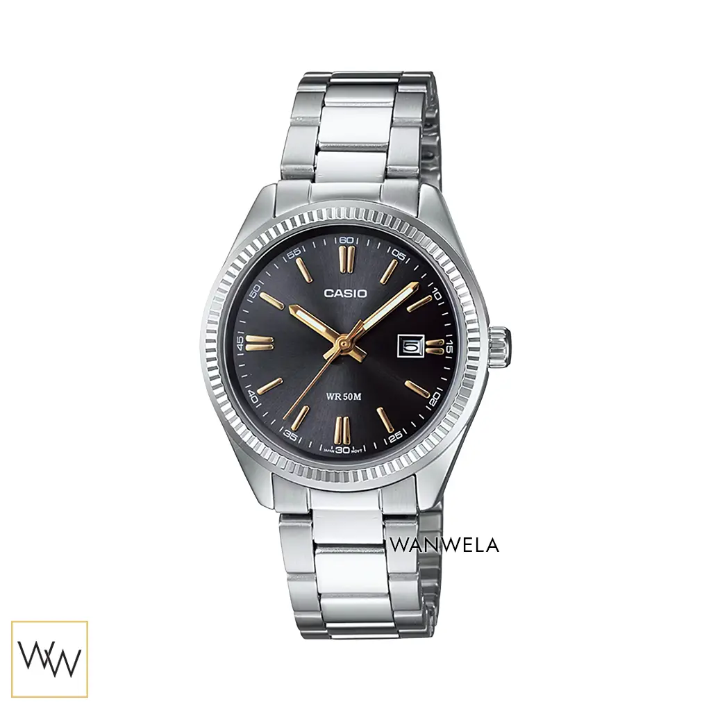 นาฬิกา Casio ผู้หญิง LTP-1302D-1A2VDF สายสแตนเลสสีเงิน หน้าปัดดำ เข็มทอง