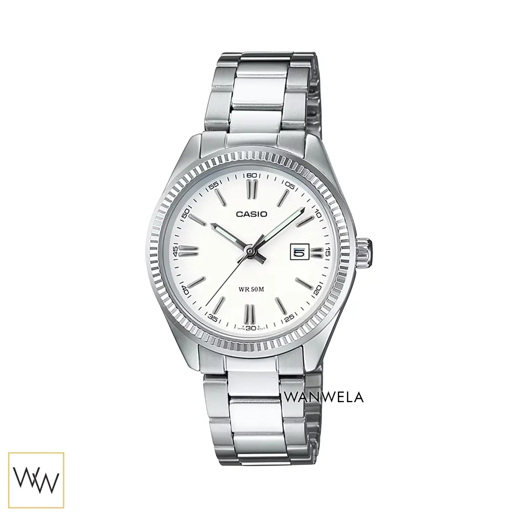 นาฬิกา Casio ผู้หญิง LTP-1302D-7A1VDF สายสแตนเลสสีเงิน หน้าปัดสีขาว