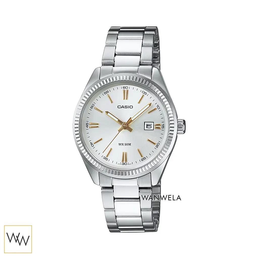 นาฬิกา Casio ผู้หญิง LTP-1302D-7A2VDF สายสแตนเลสสีเงิน หน้าปัดเงิน เข็มทอง
