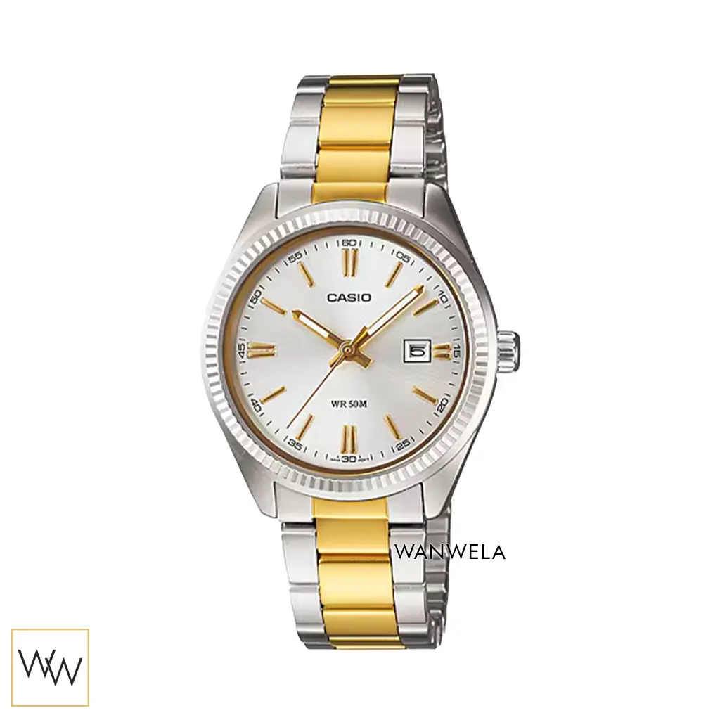 นาฬิกา Casio ผู้หญิง LTP-1302SG-7AVDF ดีไซน์สองกษัตริย์ หน้าปัดสีขาว มีช่องบอกวันที่ กันน้ำ 50 เมตร