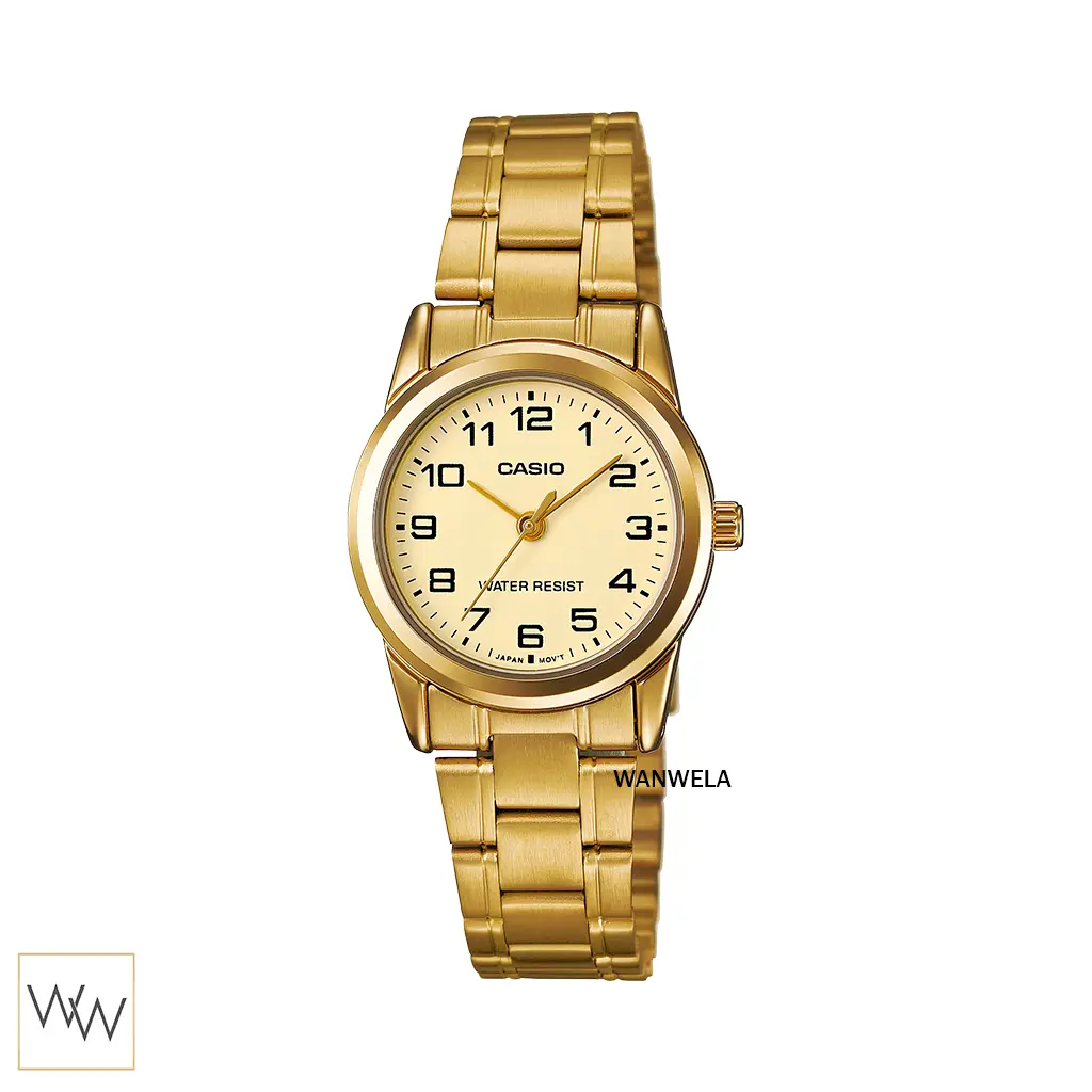 นาฬิกา Casio ผู้หญิง LTP-V001G-9BUDF สายและเรือนทอง หน้าปัดทอง