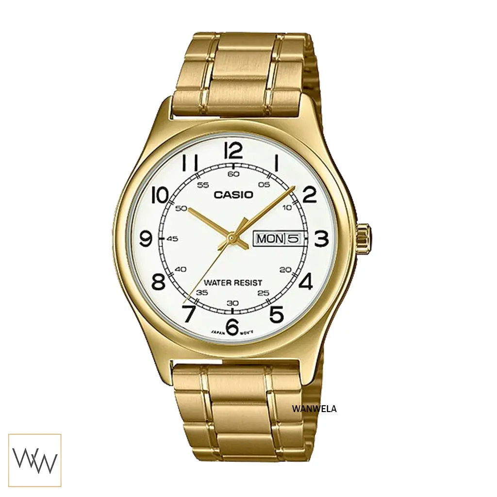 นาฬิกา Casio ผู้ชาย MTP-V006G-7BUDF เรือนทอง หน้าปัดขาว ตัวเลขอารบิก