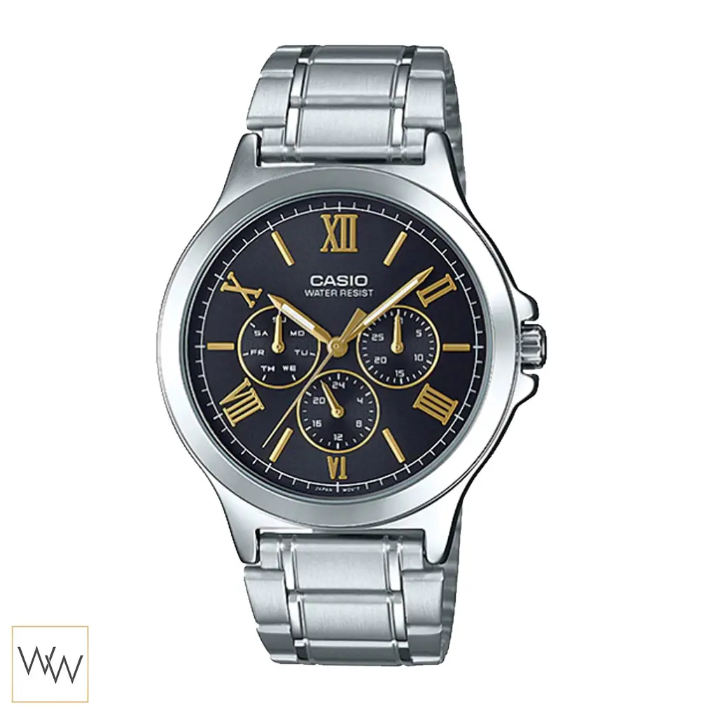 นาฬิกา Casio ผู้ชาย MTP-V300D-1A2UDF สายสแตนเลส หน้าปัดดำ เข็มทอง
