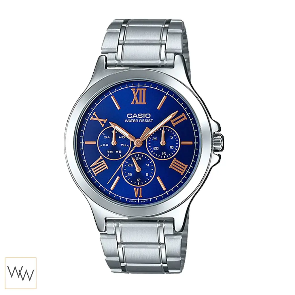 นาฬิกา Casio ผู้ชาย MTP-V300D-2AUDF สายสแตนเลส หน้าปัดน้ำเงิน เข็มโรสโกลด์