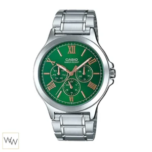 นาฬิกา Casio ผู้ชาย MTP-V300D-3AUDF สายสแตนเลส หน้าปัดเขียว เข็มโรสโกลด์
