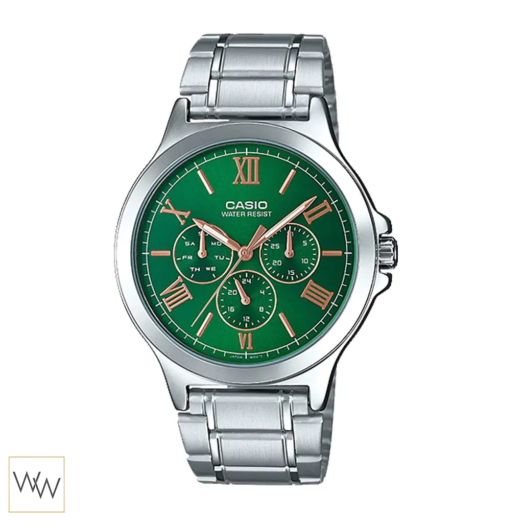 นาฬิกา Casio ผู้ชาย MTP-V300D-3AUDF สายสแตนเลส หน้าปัดเขียว เข็มโรสโกลด์