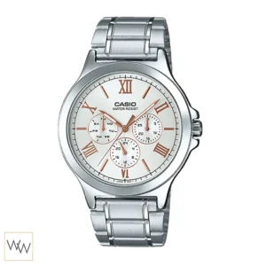 นาฬิกา Casio ผู้ชาย MTP-V300D-7A2UDF สายสแตนเลส หน้าปัดเงิน เข็มโรสโกลด์