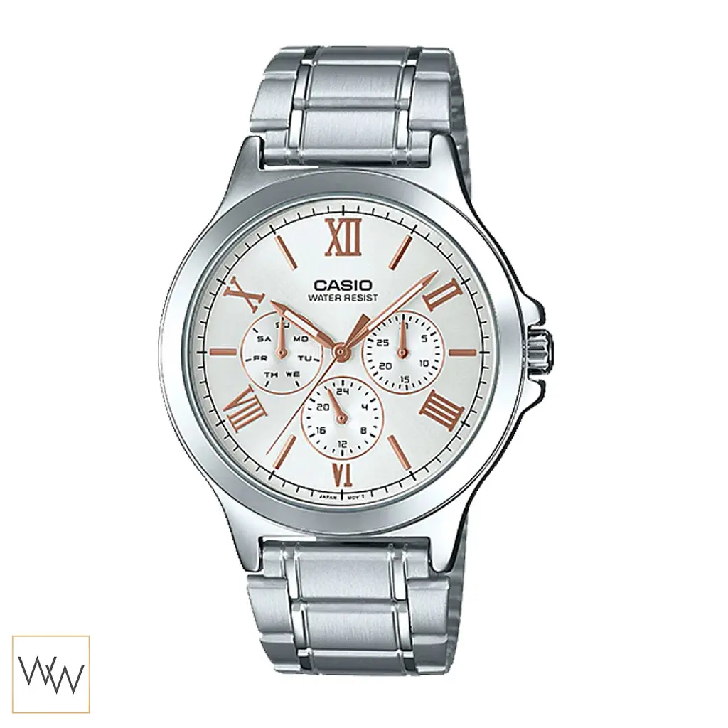 นาฬิกา Casio ผู้ชาย MTP-V300D-7A2UDF สายสแตนเลส หน้าปัดเงิน เข็มโรสโกลด์