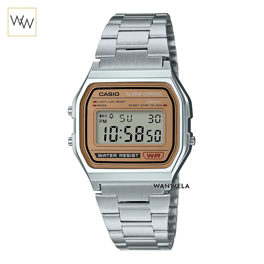 นาฬิกา Casio ดิจิตอล A158WEA-9DF ทรงเหลี่ยมวินเทจ หน้าปัดสีน้ำตาล กันน้ำ