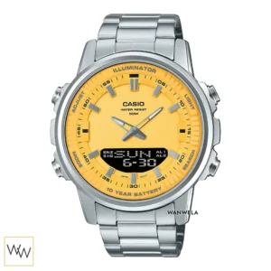 นาฬิกา Casio ผู้ชาย AMW-880D-9AVDF หน้าปัดสีเหลือง 2 ระบบ กันน้ำ 50 เมตร