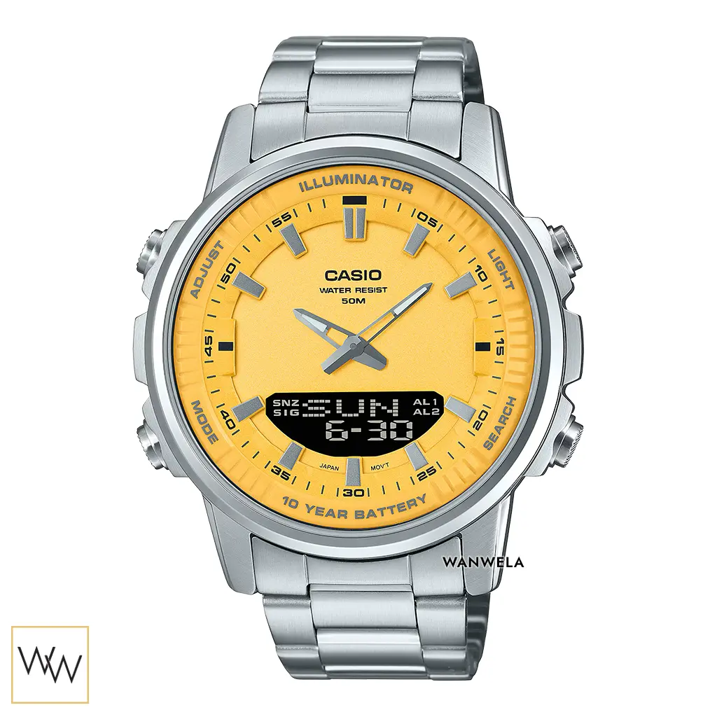 นาฬิกา Casio ผู้ชาย AMW-880D-9AVDF หน้าปัดสีเหลือง 2 ระบบ กันน้ำ 50 เมตร