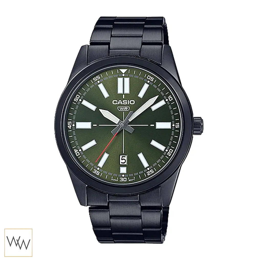 นาฬิกา Casio ผู้ชาย MTP-VD02B-3EUDF ตัวเรือนรมดำ หน้าปัดสีเขียว มีช่องบอกวันที่