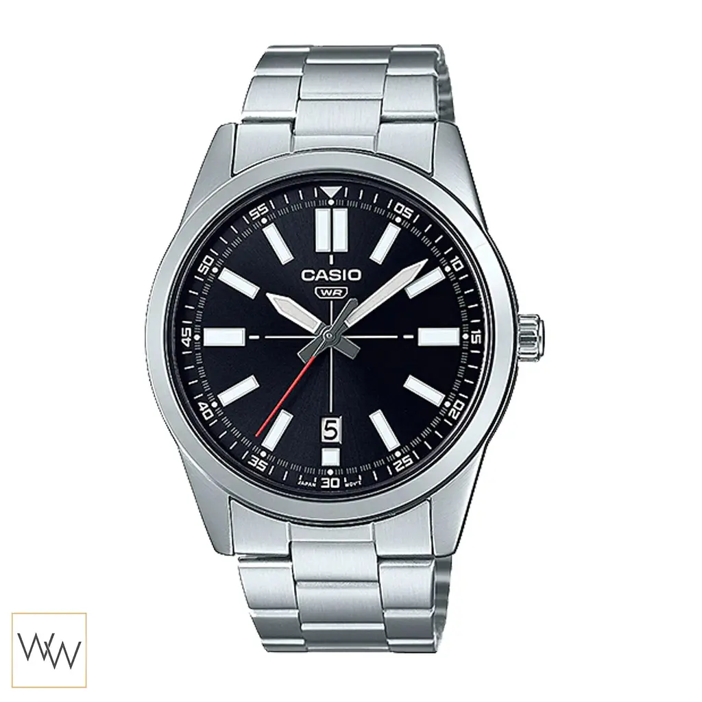 นาฬิกา Casio ผู้ชาย MTP-VD02D-1EUDF หน้าปัดดำ มีช่องบอกวันที่ตรง 6 นาฬิกา