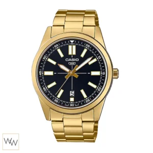 นาฬิกา Casio ผู้ชาย MTP-VD02G-1EUDF ตัวเรือนสีทอง หน้าปัดดำ มีช่องบอกวันที่