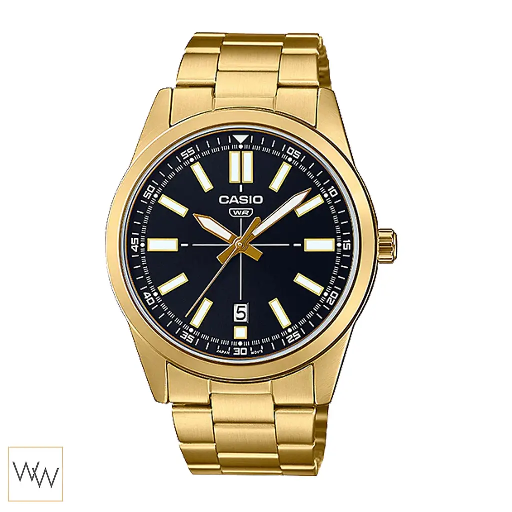 นาฬิกา Casio ผู้ชาย MTP-VD02G-1EUDF ตัวเรือนสีทอง หน้าปัดดำ มีช่องบอกวันที่